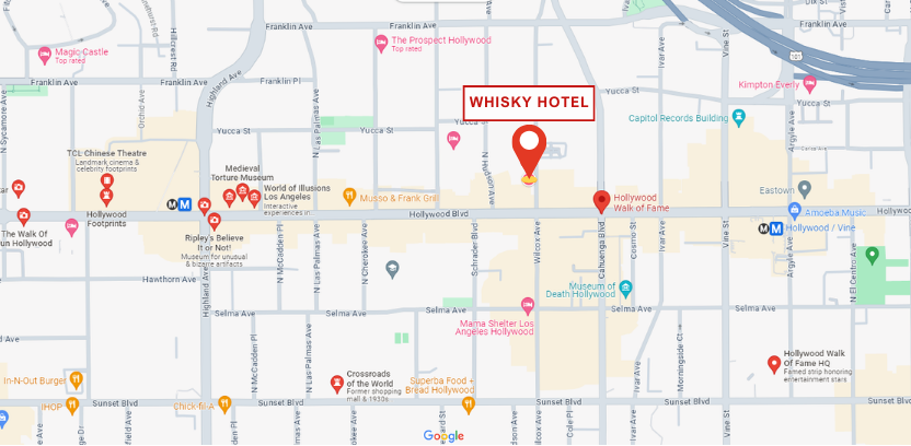 Khách sạn Whisky tọa lạc ngay gần Đại lộ Danh vọng Hollywood và nhiều địa điểm tham quan nổi tiếng