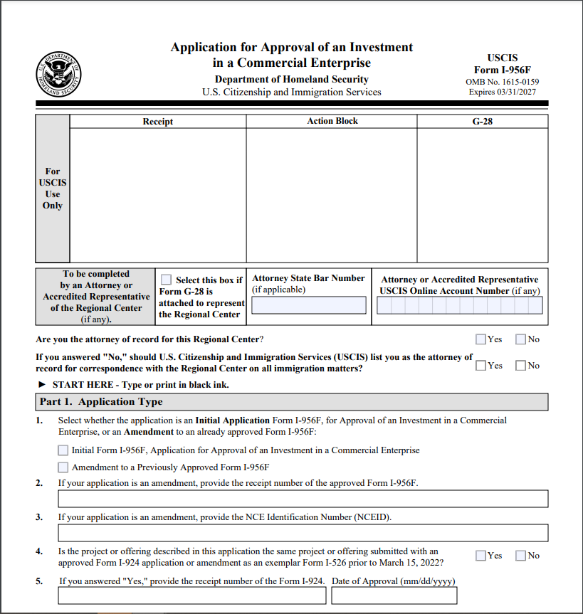 Hình mẫu đơn I-956F (Nguồn USCIS)