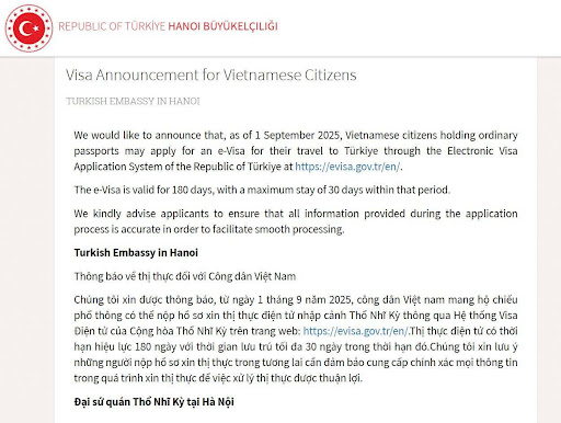 Thông báo chính thức từ Đại sứ quán Thổ Nhĩ Kỳ tại Hà Nội vào ngày 3-6-2025