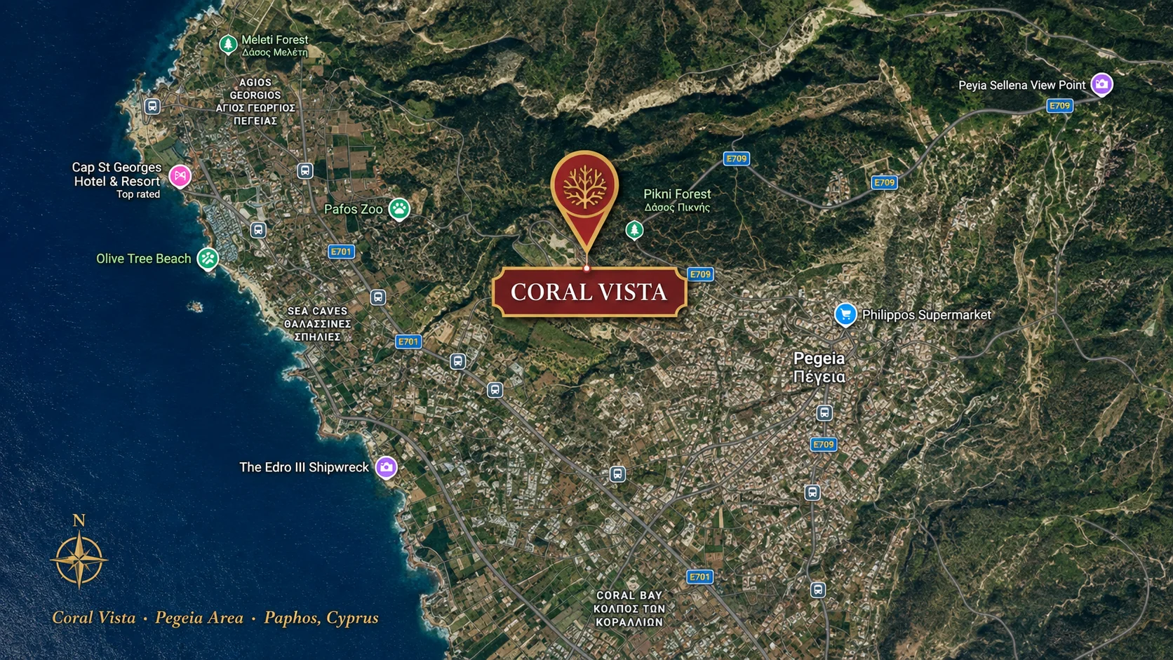 Map showing the exact location of the Coral Vista project in Peyia, Paphos