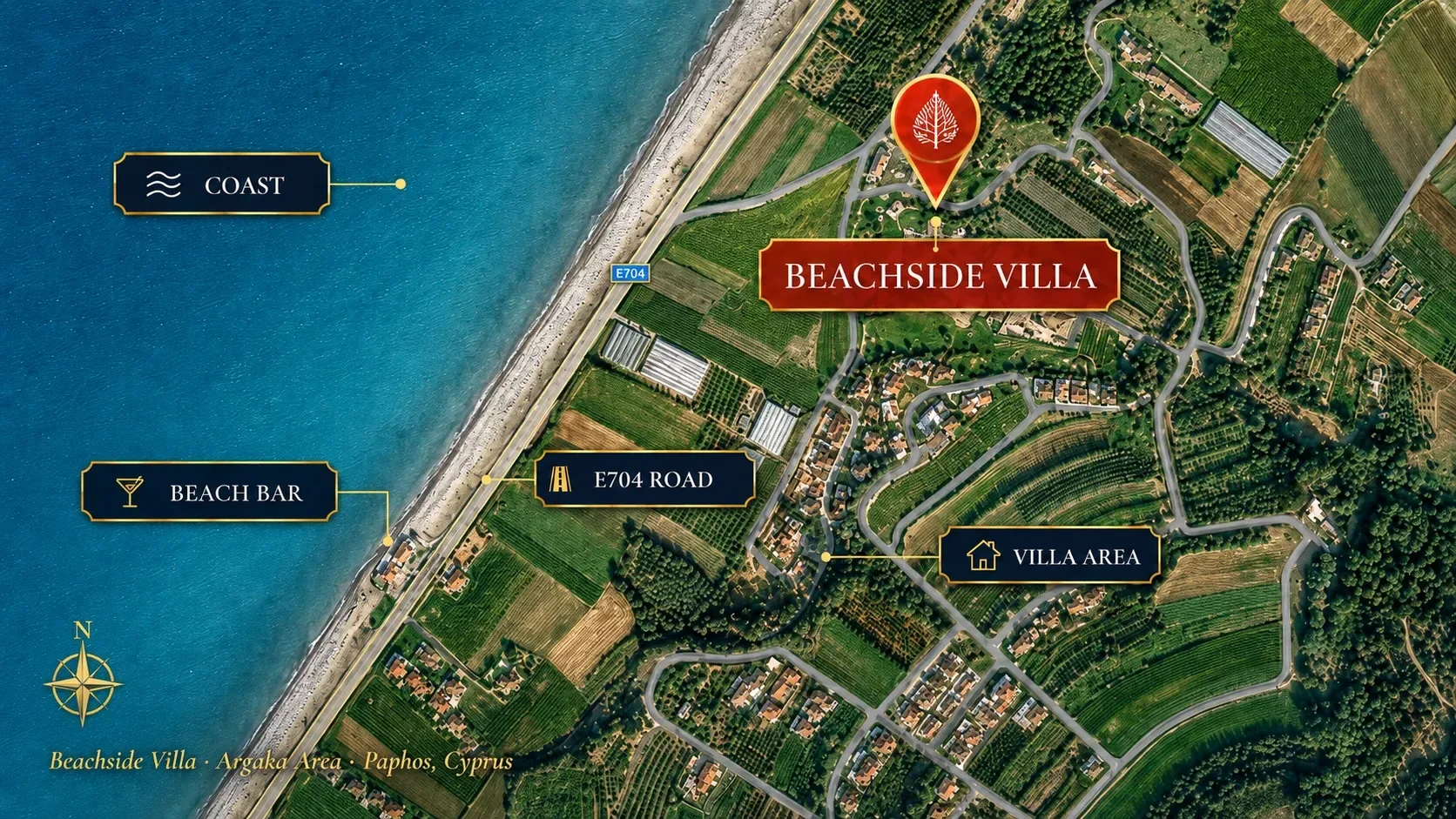 Map showing the location of Beachside Villas on the Mediterranean coast near Polis, Akamas Peninsula, Cyprus