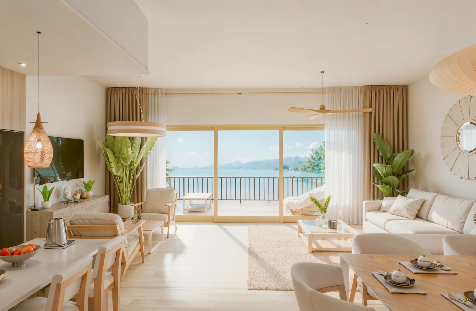 Ocean-view living room with a balcony overlooking La Sagesse Bay