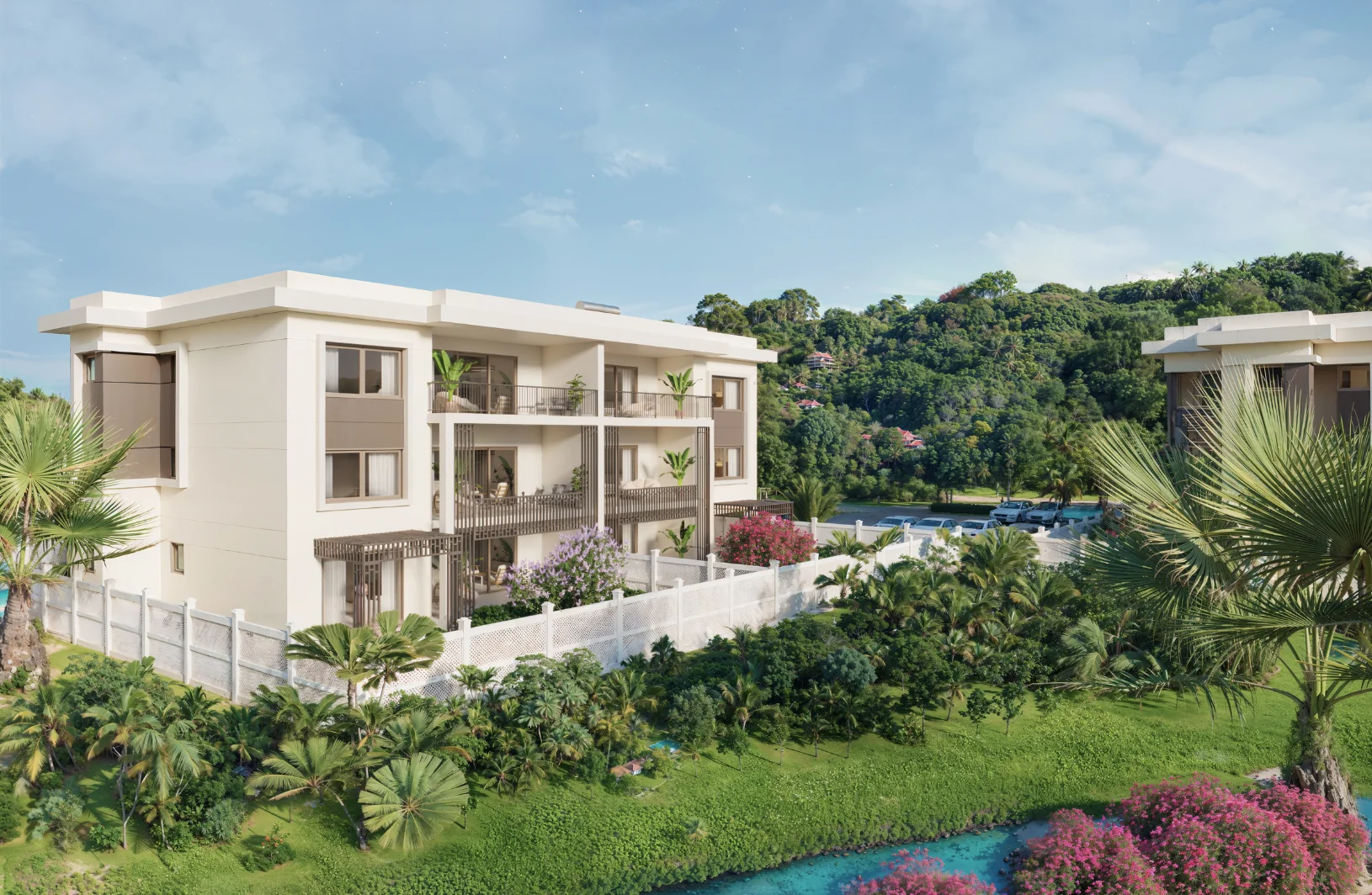 Apartment building at The La Sagesse Collection surrounded by landscaped greenery