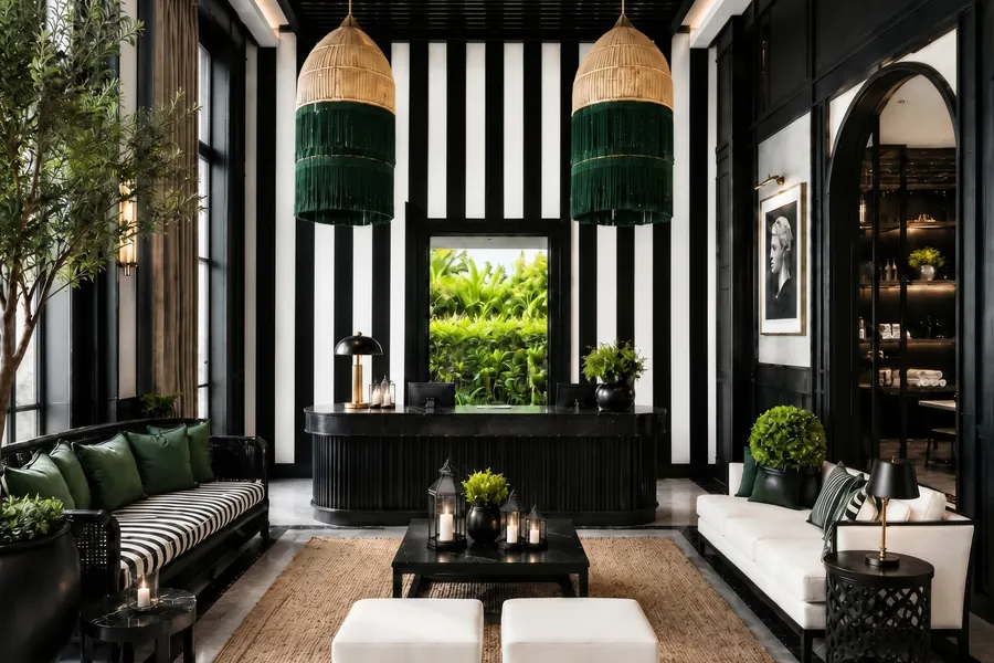 Rendering of the Athena Arts House reception lobby, a heritage hotel in central Athens