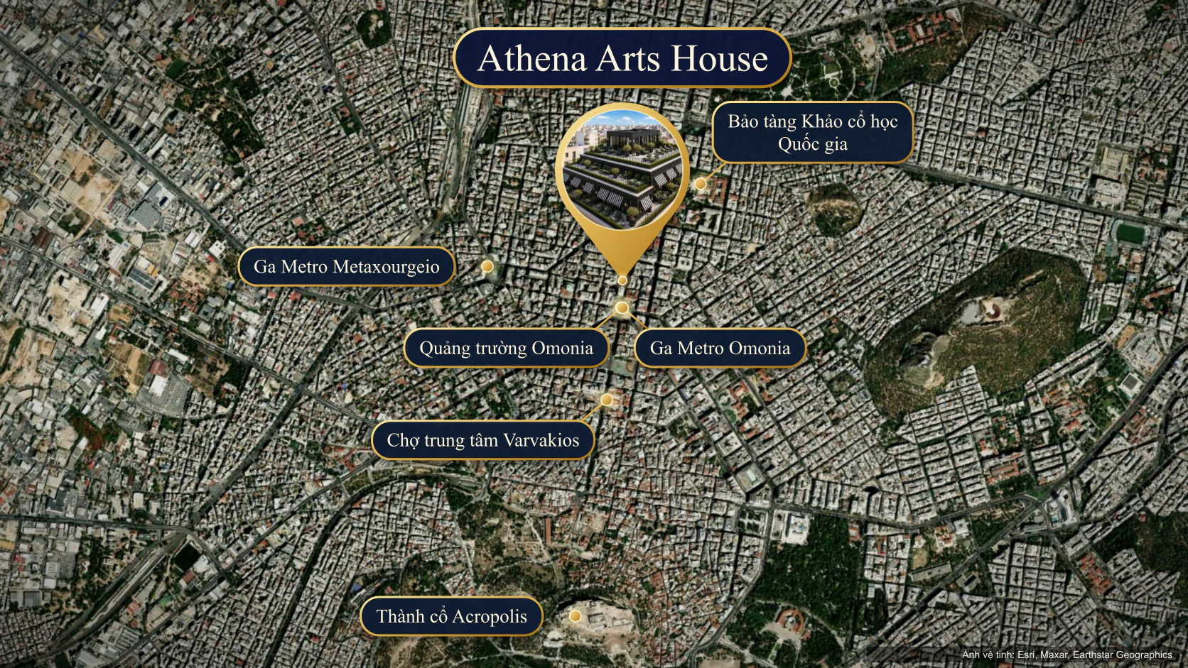 Bản đồ vệ tinh vị trí Athena Arts House ở trung tâm Athens, cạnh quảng trường Omonia, gần Bảo tàng Khảo cổ học Quốc gia, chợ trung tâm Varvakios và thành cổ Acropolis